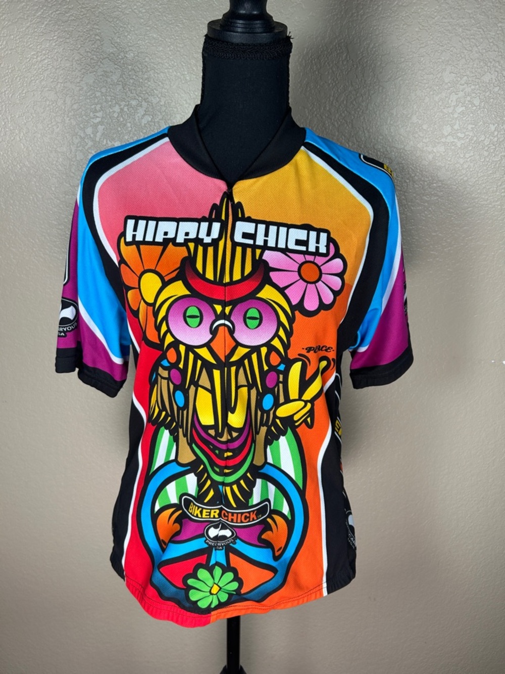 World Jerseys Hippy Chick Biker Chick Cycling Jersey Size Large Colorful Groovy